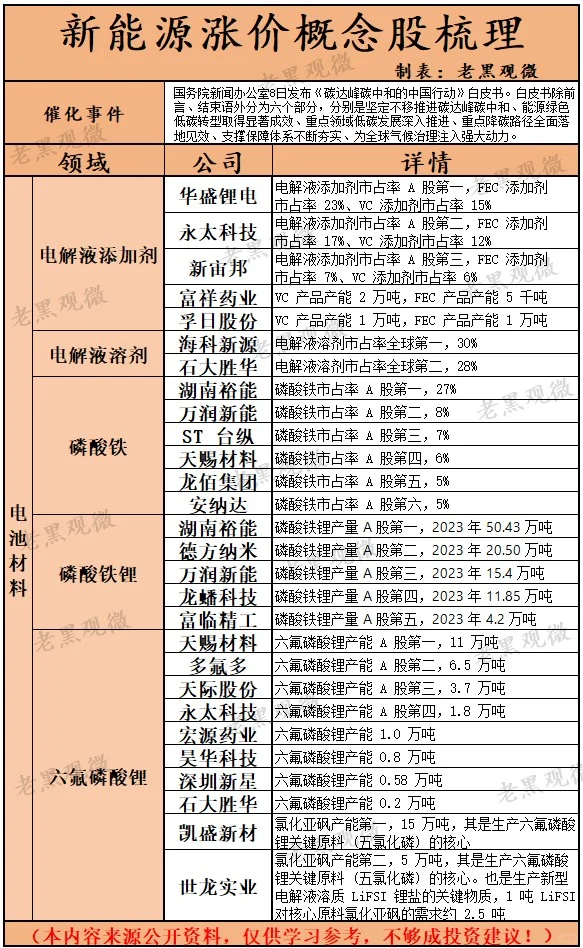 新能源涨价概念股梳理