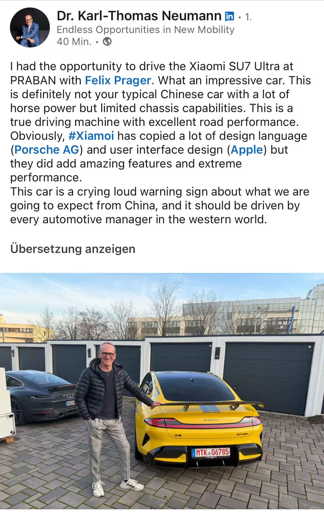 大众中国前CEO如何评价小米SU7Ultra？