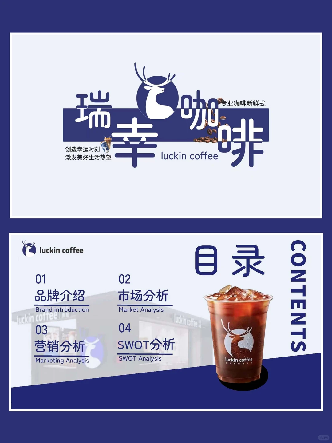 瑞幸咖啡分析ppt，蓝色简约商务风，可编辑