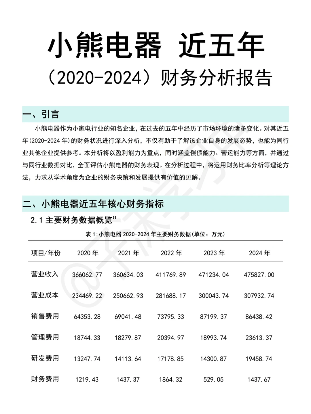小熊电器近五年财务分析报告写完了