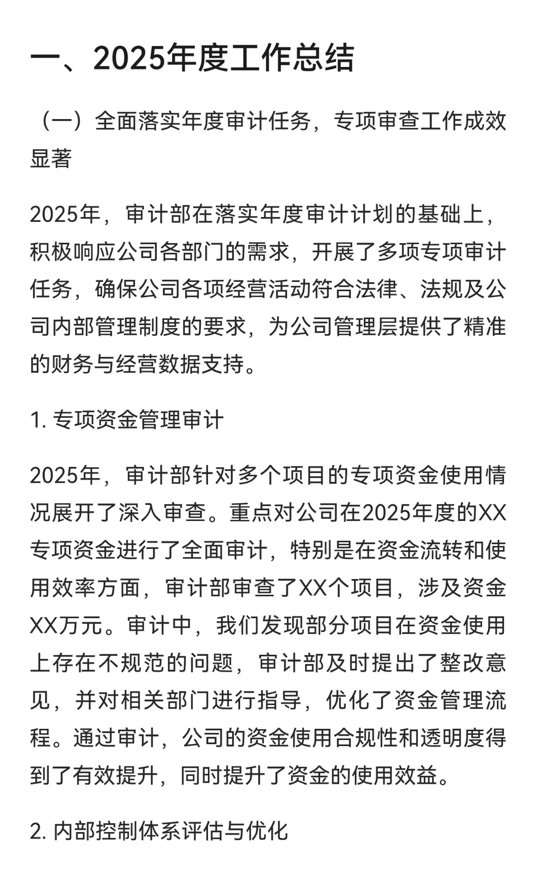 2025年度审计部工作总结与2026年工作规划