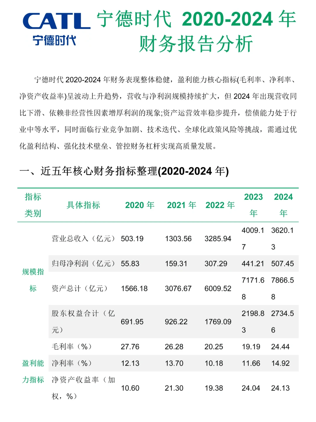 宁德时代财务分析报告，2020-2024年写完了