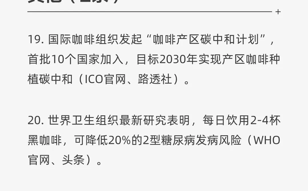 咖啡行业每周新闻总结（14-19日 20条）