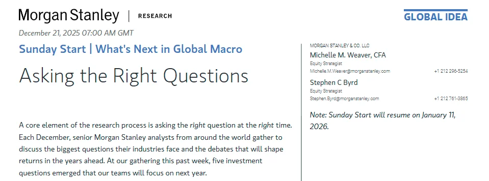 摩根士丹利敲定了2026年的五大投资问题