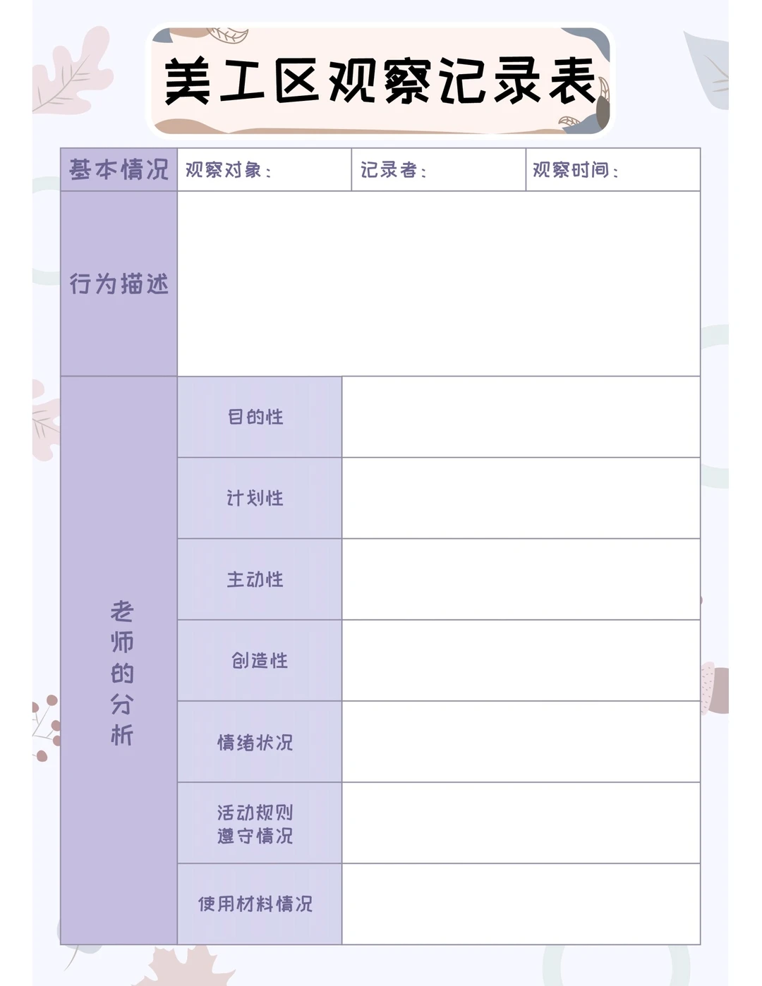 幼儿园各类观察记录表