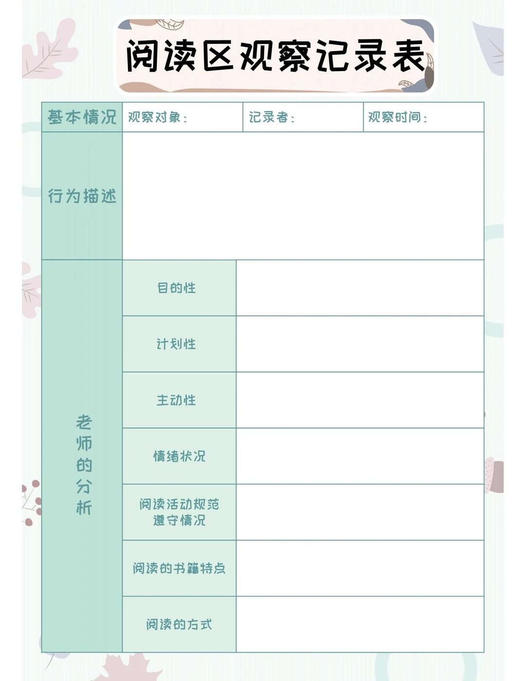 幼儿园各类观察记录表