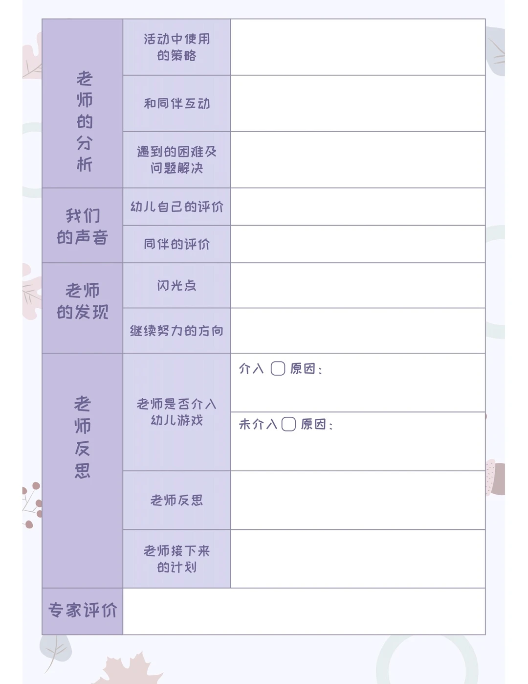 幼儿园各类观察记录表