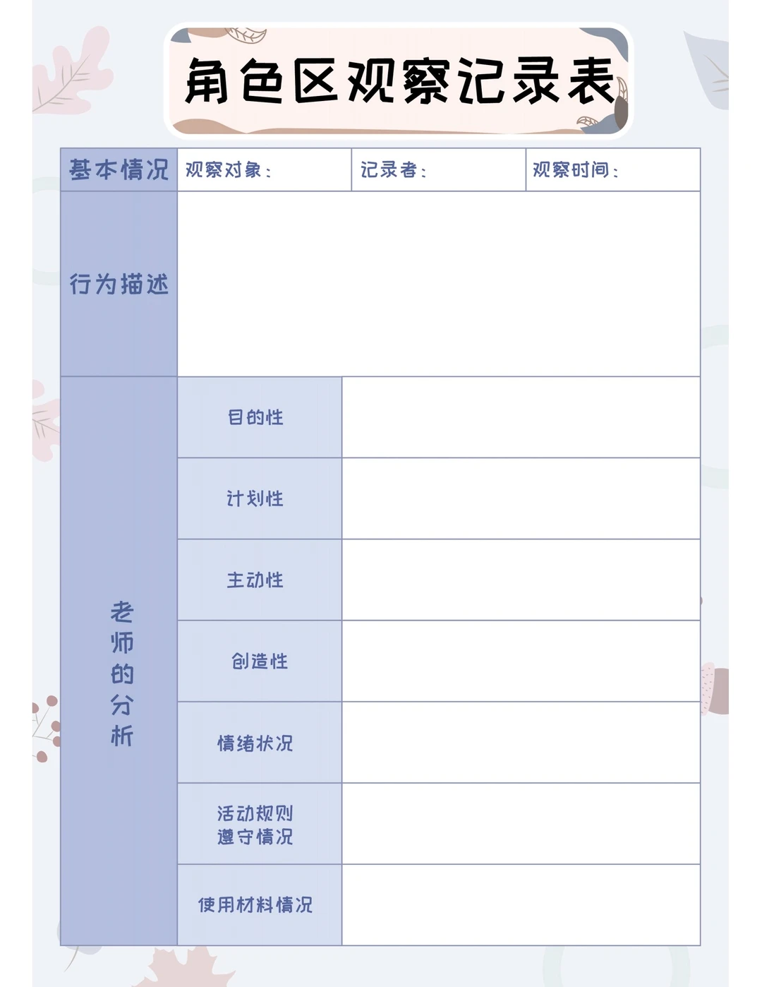 幼儿园各类观察记录表