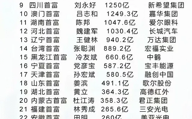 各省首富排名