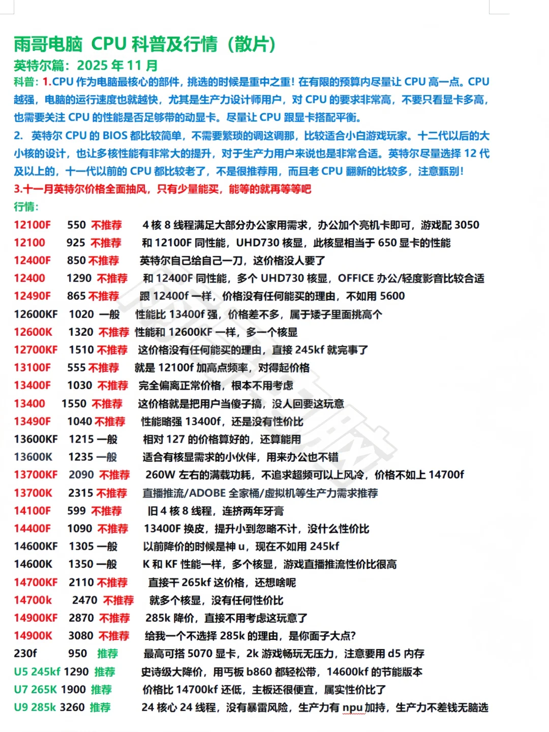 25年11月组装电脑行情及知识大全