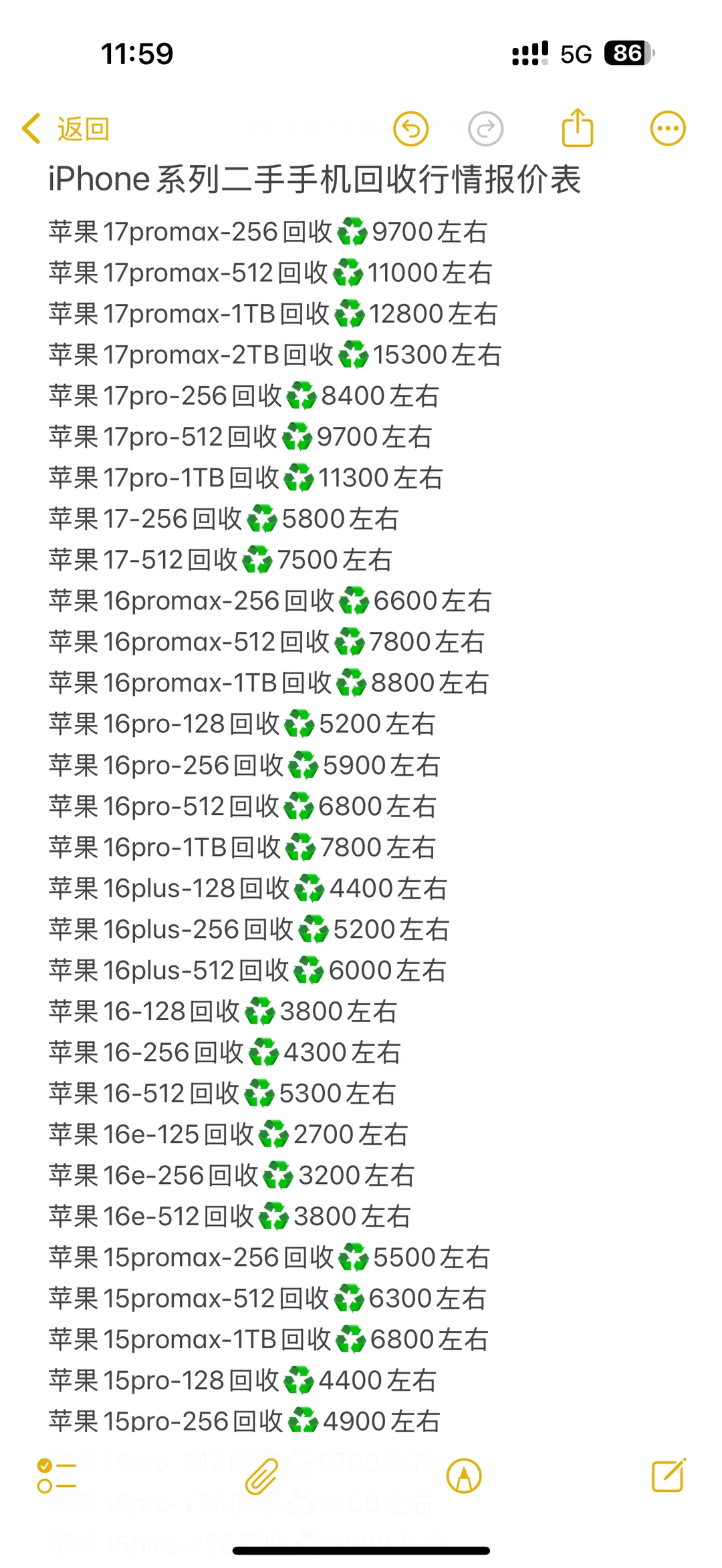 分享2025.11.19号苹果二手手机回收行情！