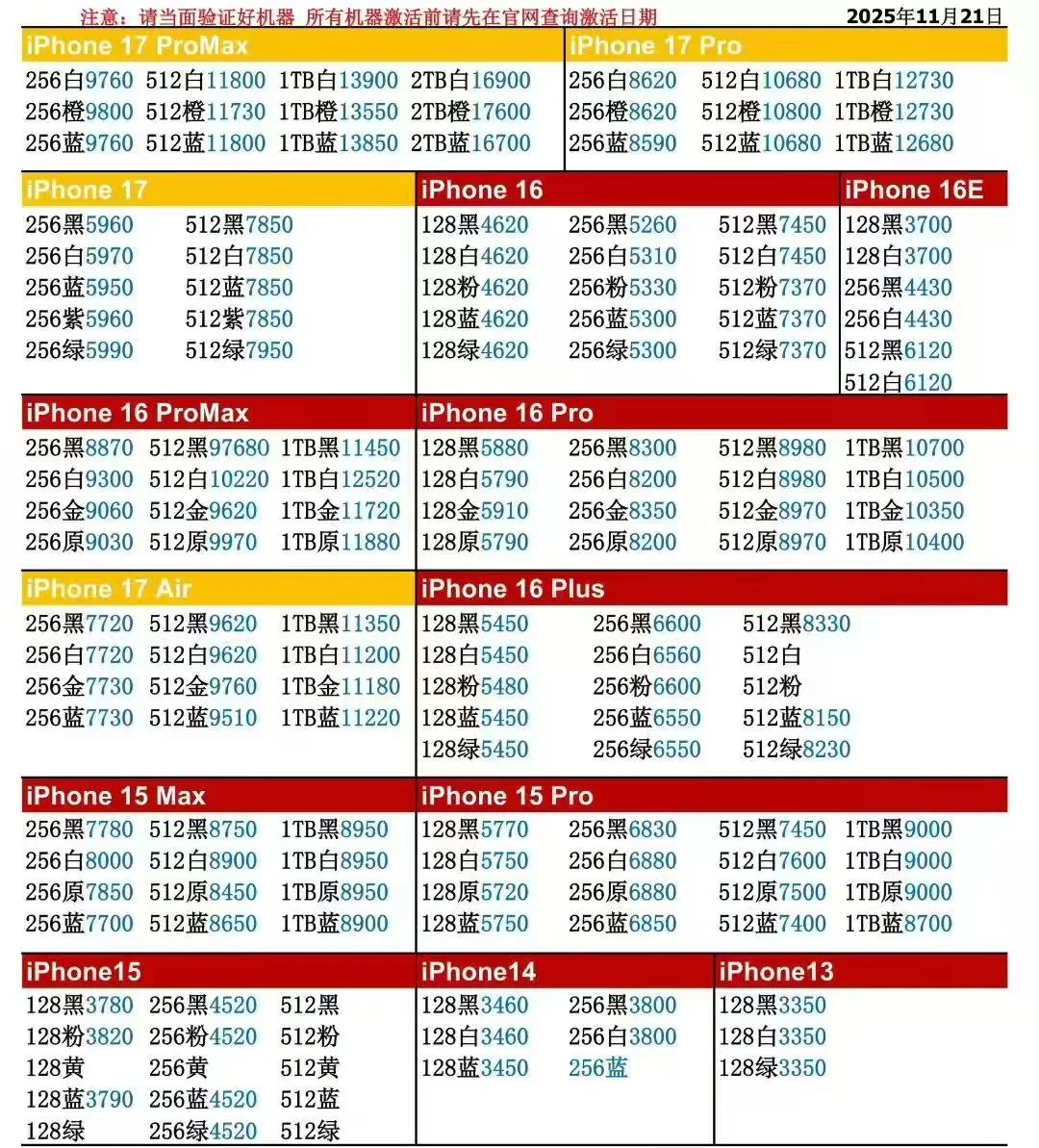 深圳11月21日国行苹果手机批发价格行情