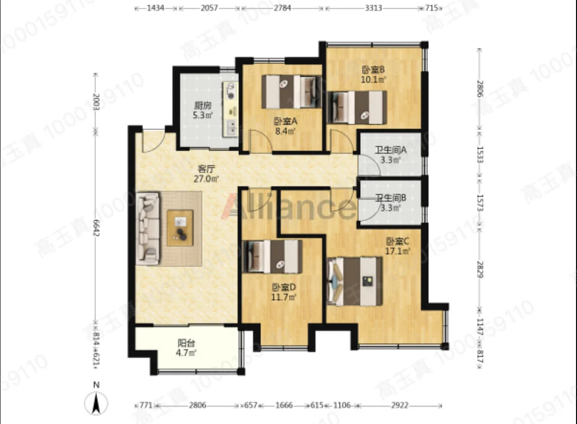 北二环高速中央公园123平4房2卫150万1号线