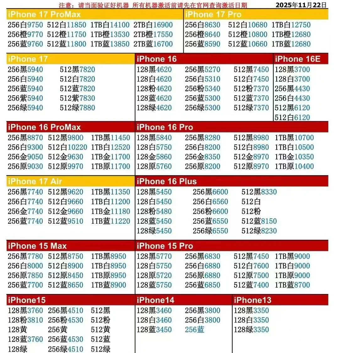 深圳11月22日国行苹果手机批发价格行情