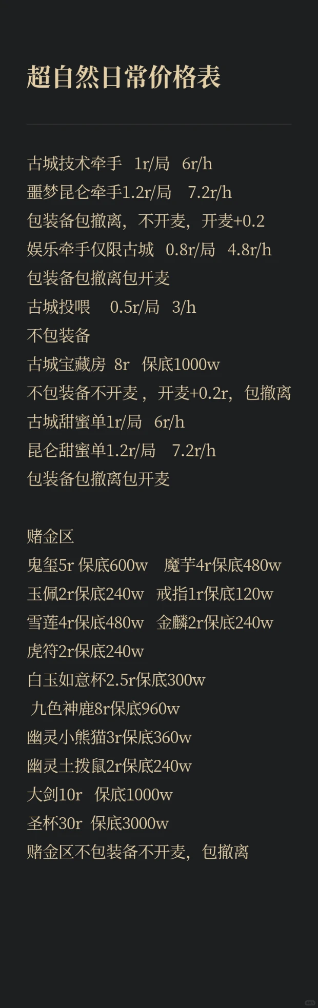 超自然日常价格表