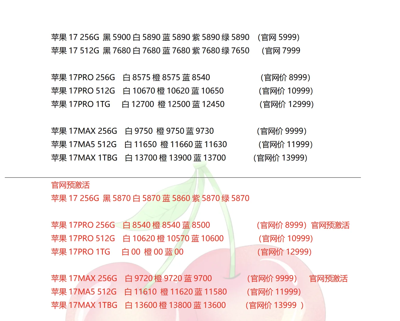 苹果17以及其他系列今日行情
