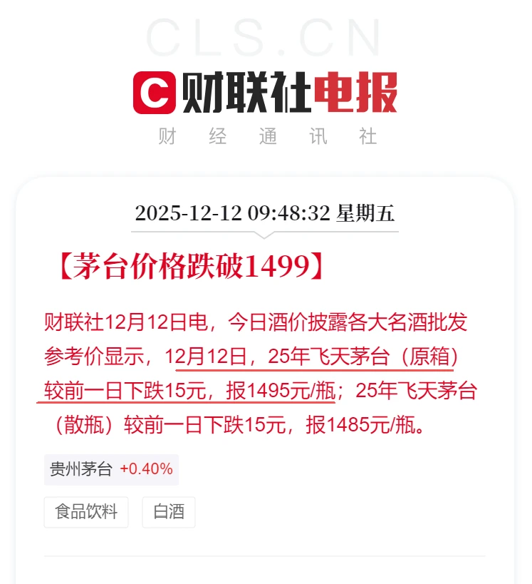 茅台价格跌破1499