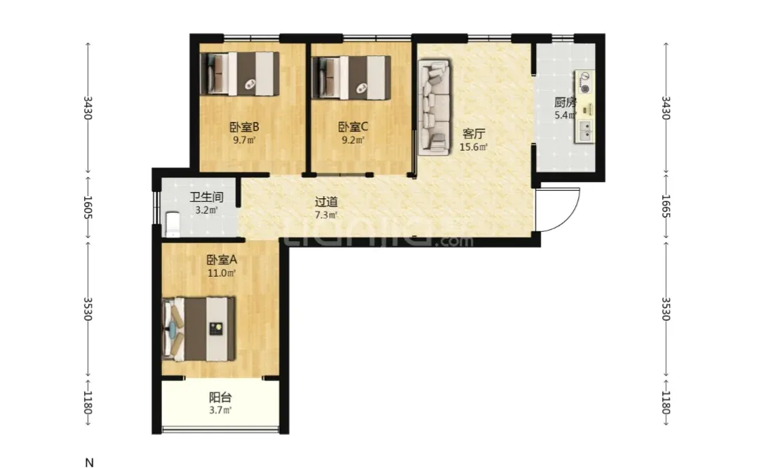 锦绣江南，小三居，全明户型