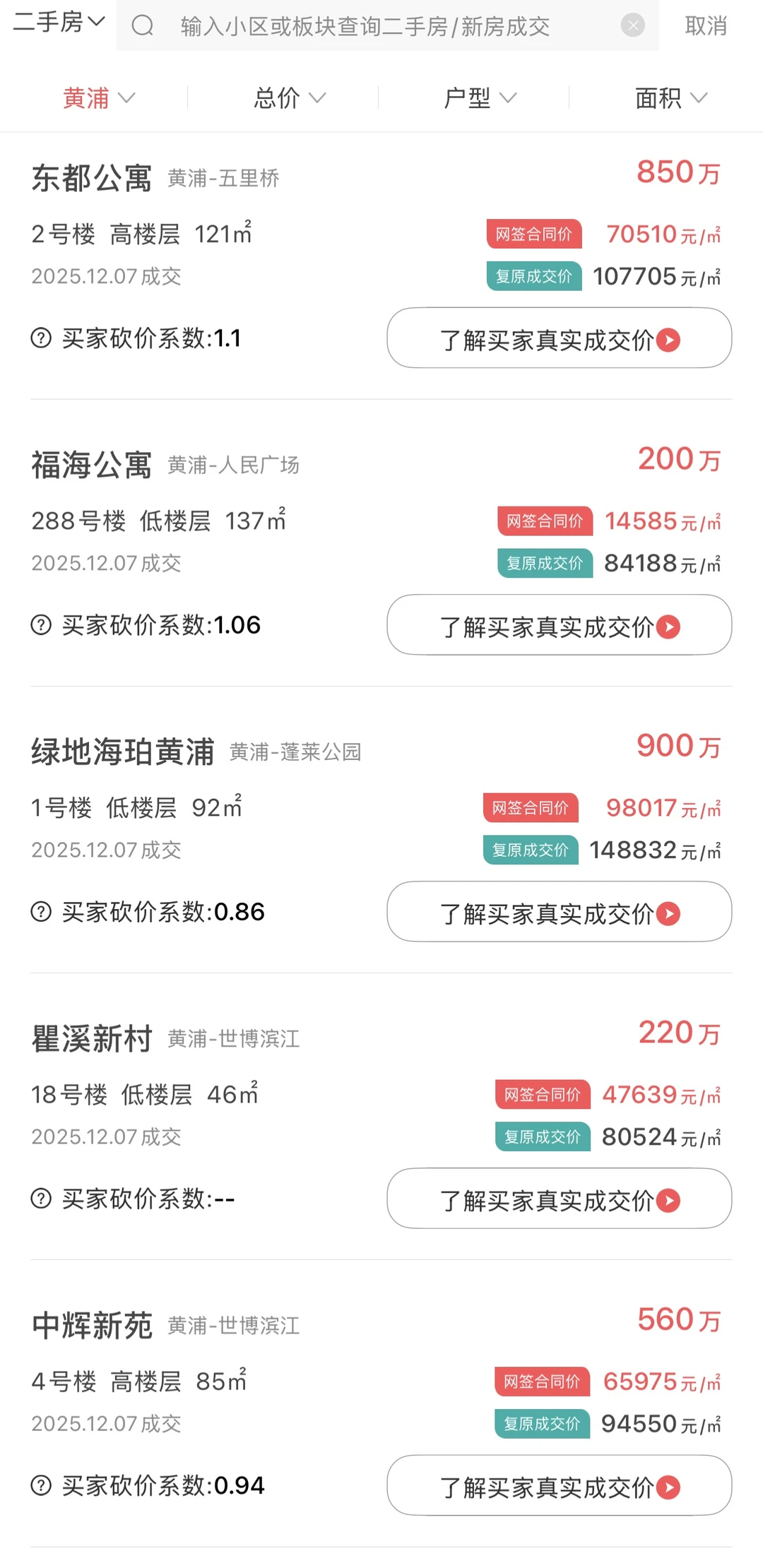 黄浦区最新二手房成交数据，价格仅供参考