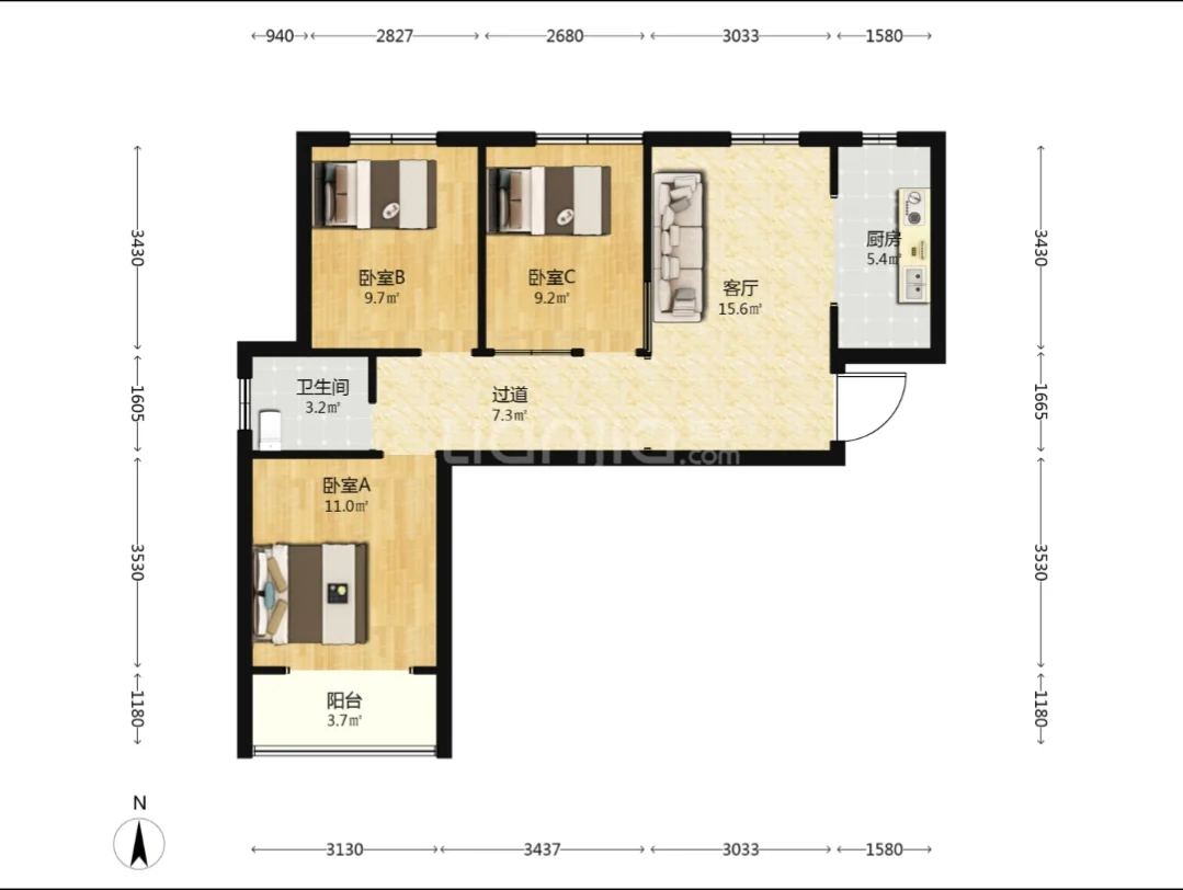 锦绣江南，小三居，全明户型