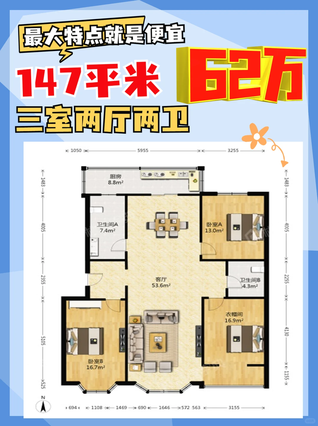 长安区62万！南北通透3室2厅太香啦～