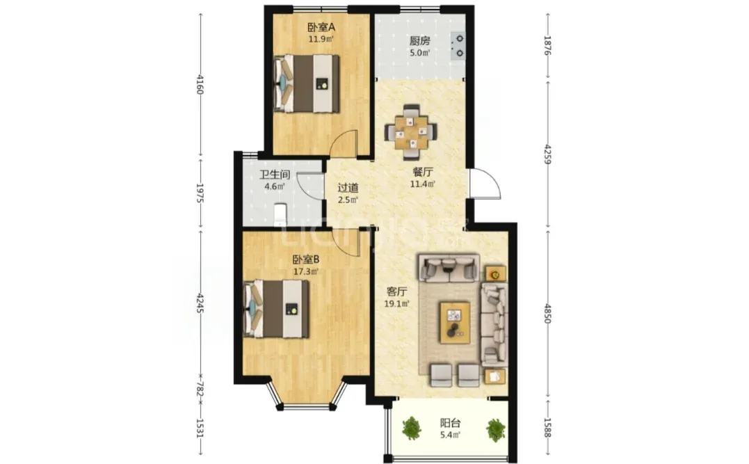 邯郸美的•拉德芳斯南区，2室2厅，94.68㎡