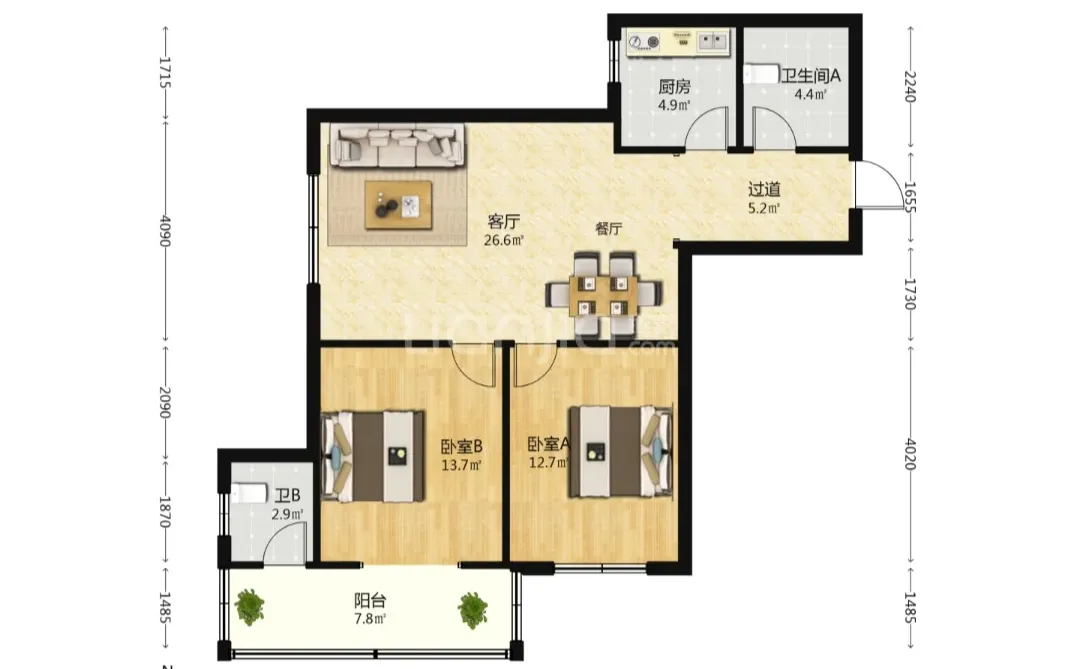 邯郸丛台蓝天金天地，2室2厅，106㎡
