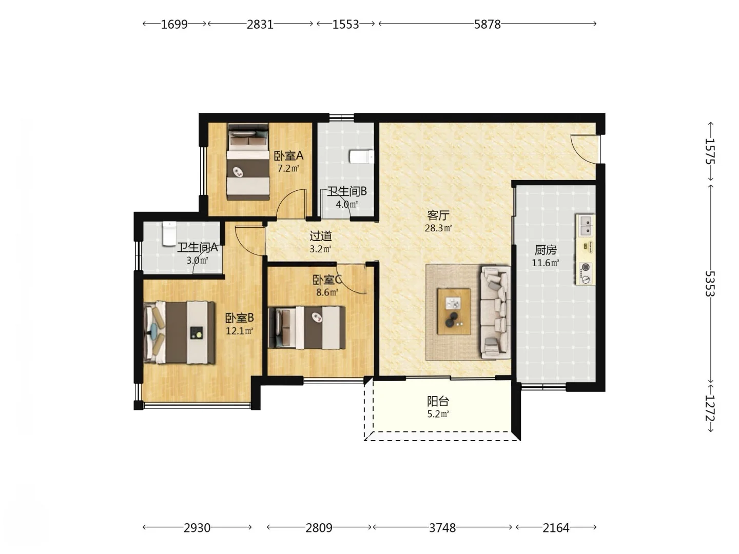 盘龙商圈含车位王炸三房98㎡精装下楼即商业