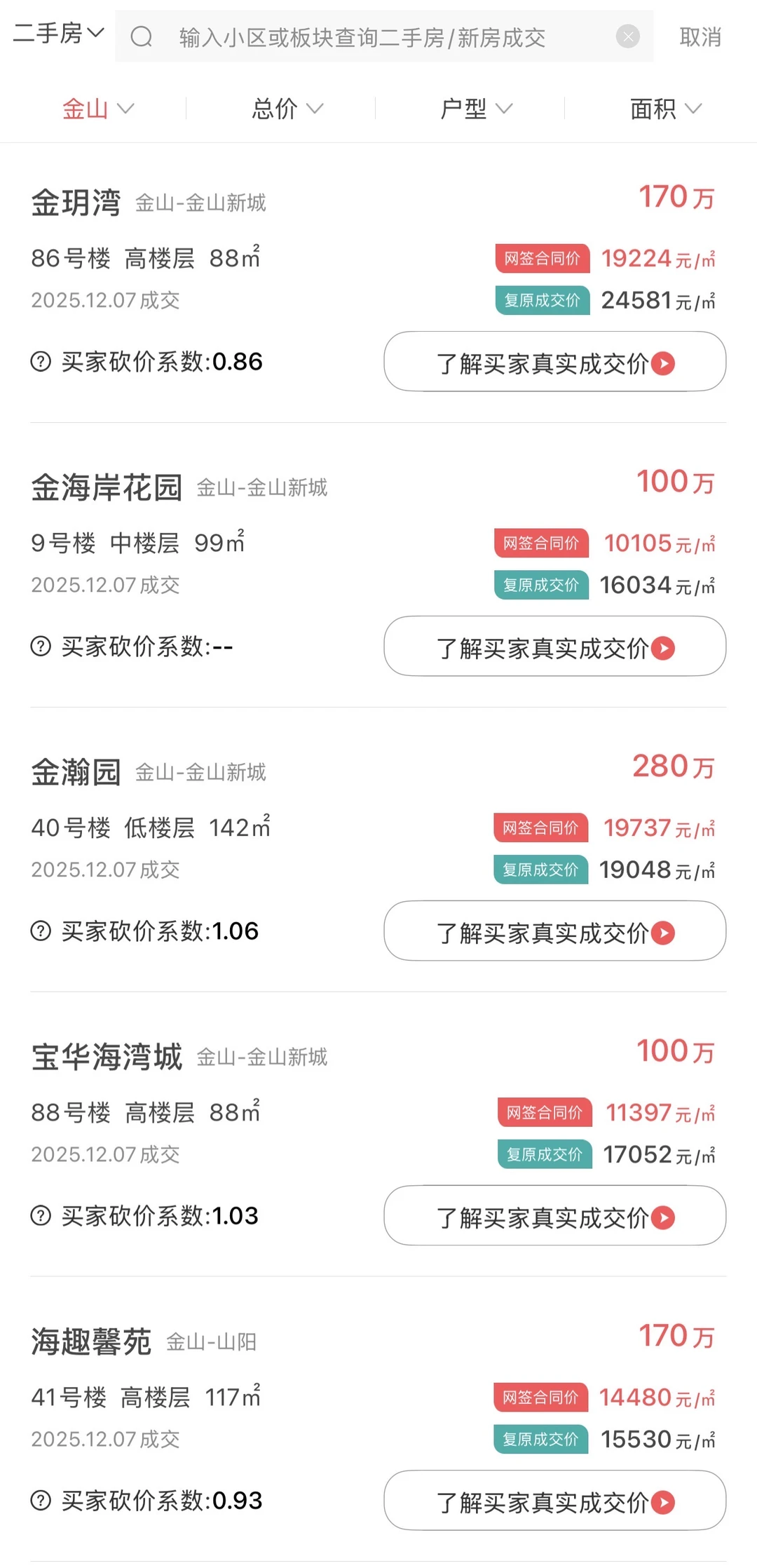 金山区二手房最新成交数据，人人买得起