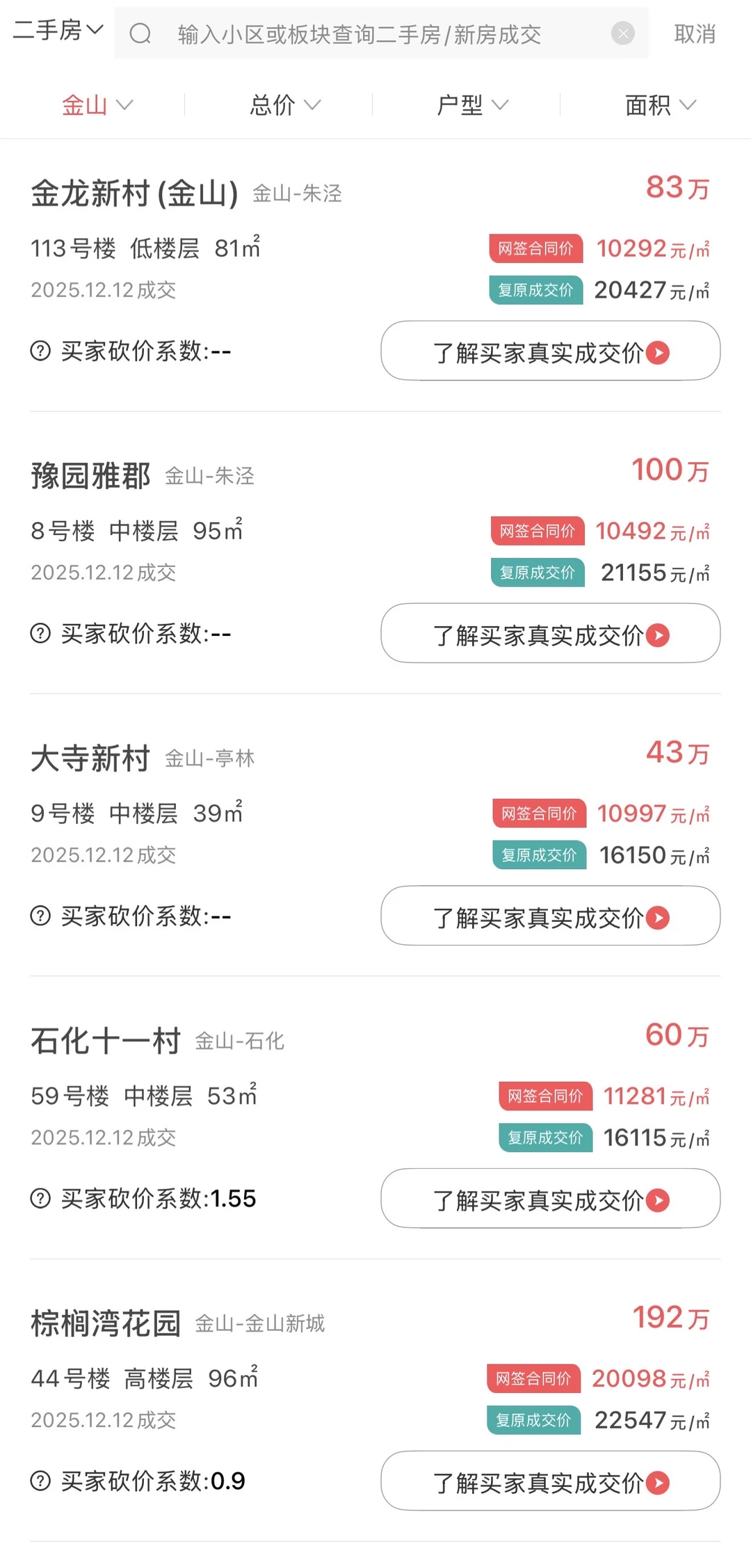 金山区二手房最新成交数据，人人买得起