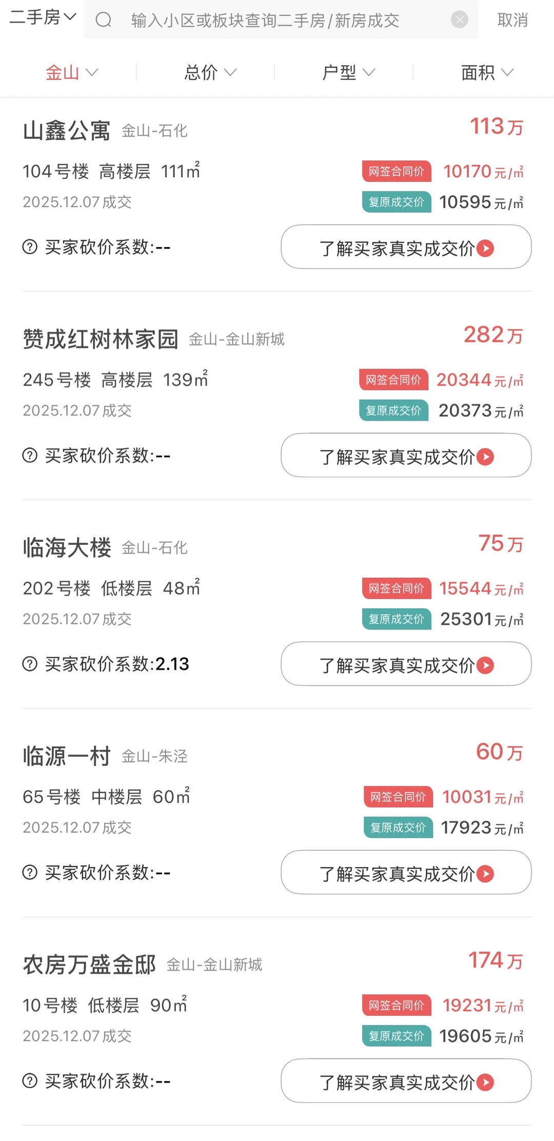 金山区二手房最新成交数据，人人买得起