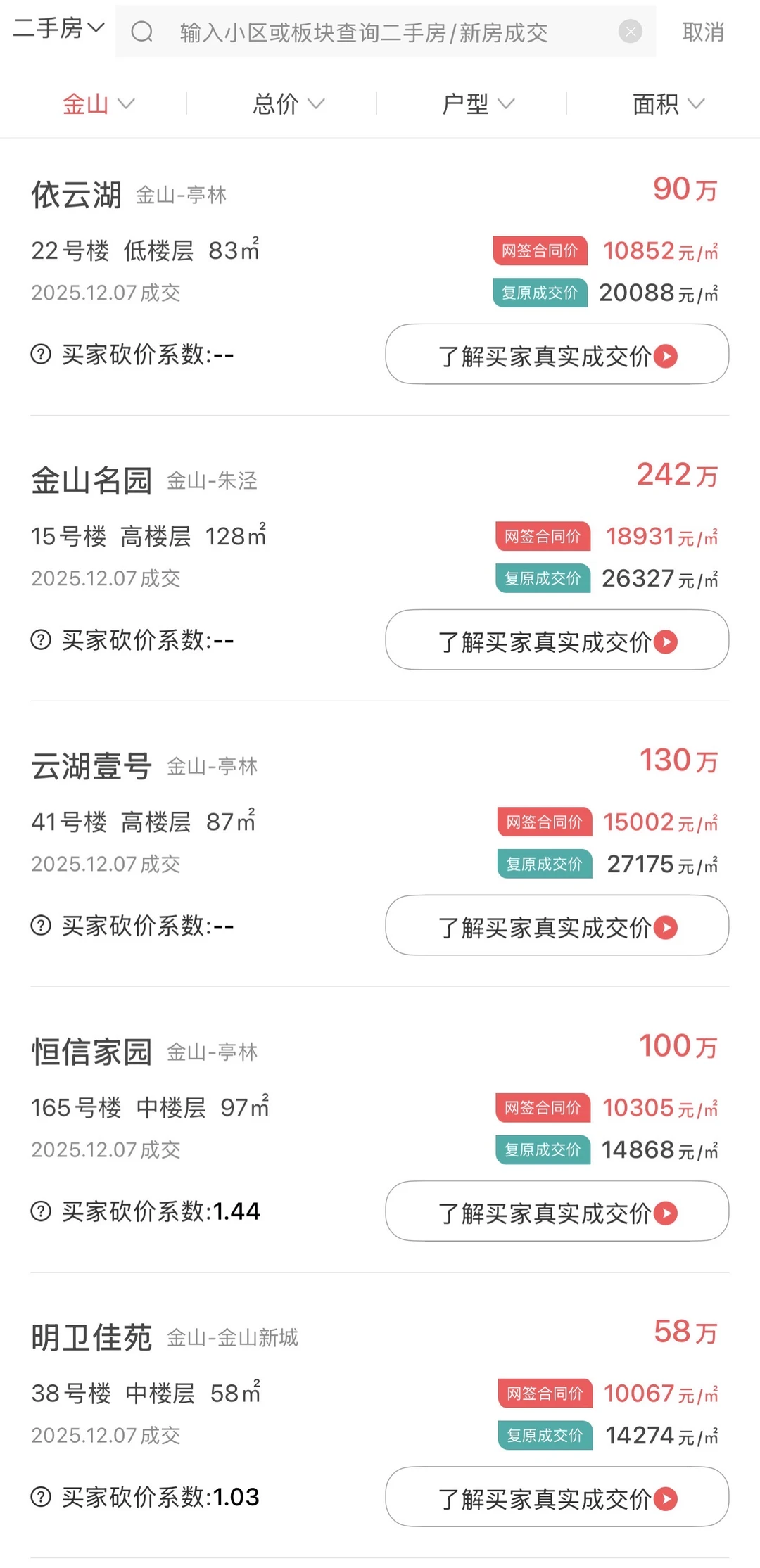 金山区二手房最新成交数据，人人买得起