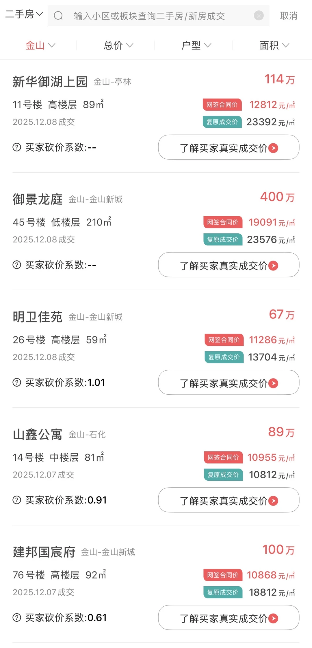 金山区二手房最新成交数据，人人买得起