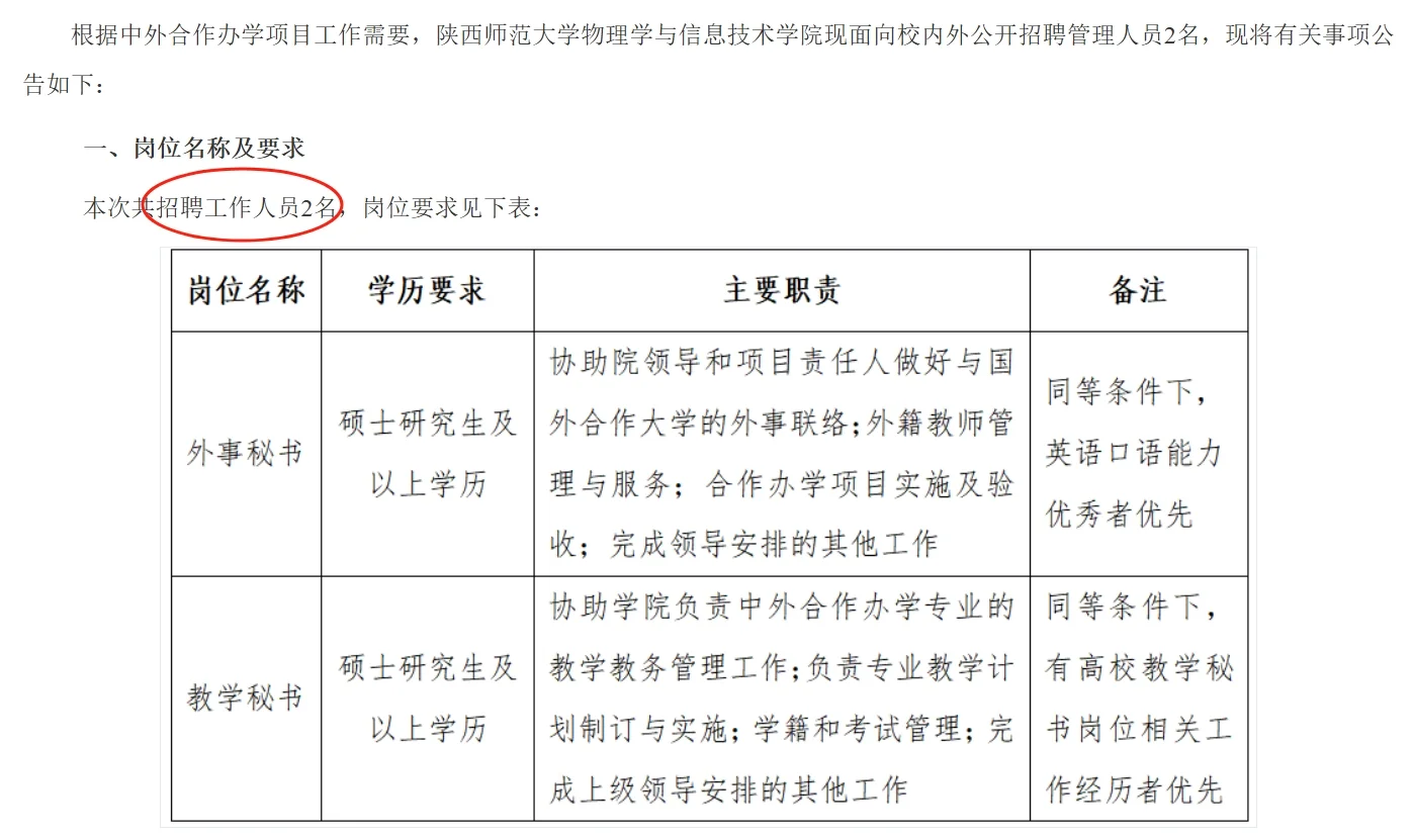 陕师大招聘外事教学秘书