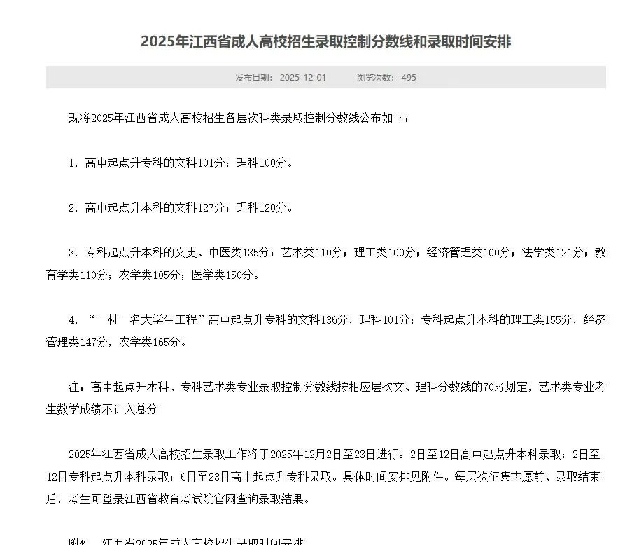 25年江西成考录取分数线