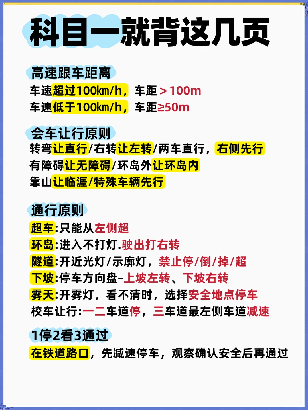 科目一就这几页纸，考试就从里面抽！！！