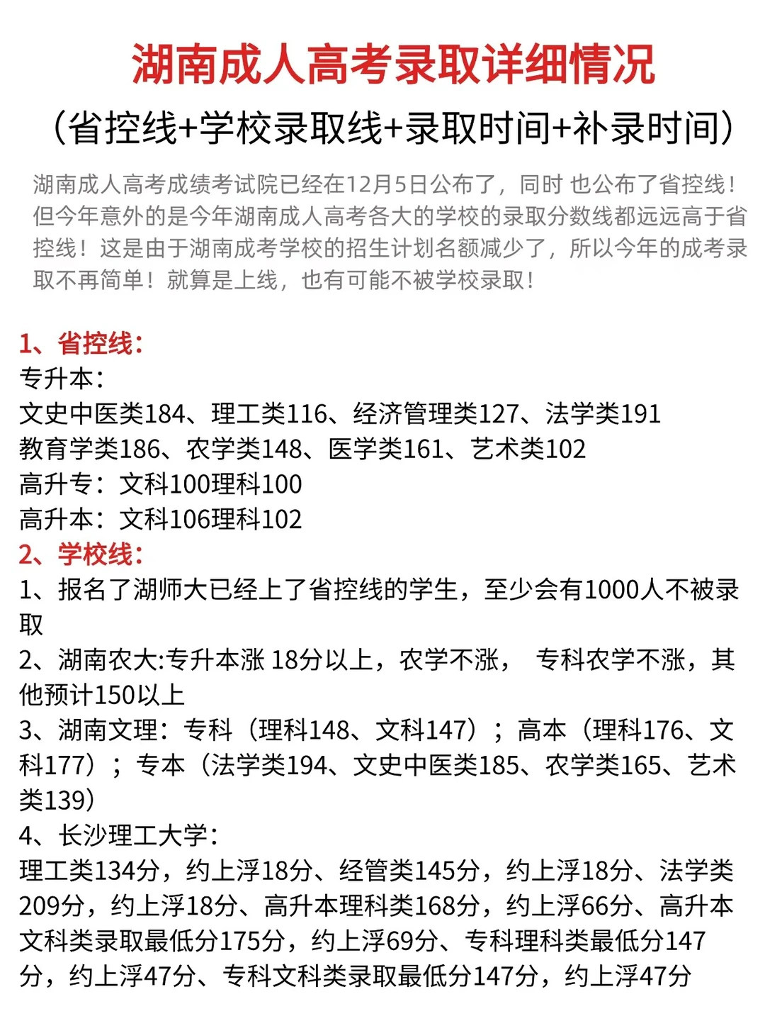 湖南成人高考录取分数线和录取情况