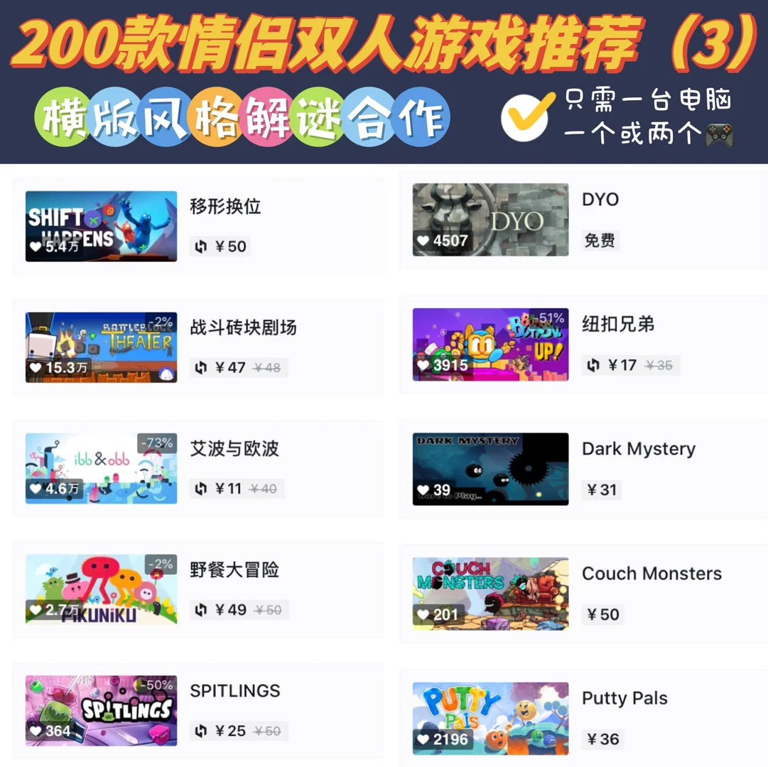 200款情侣双人游戏电脑双人同屏游戏推荐一