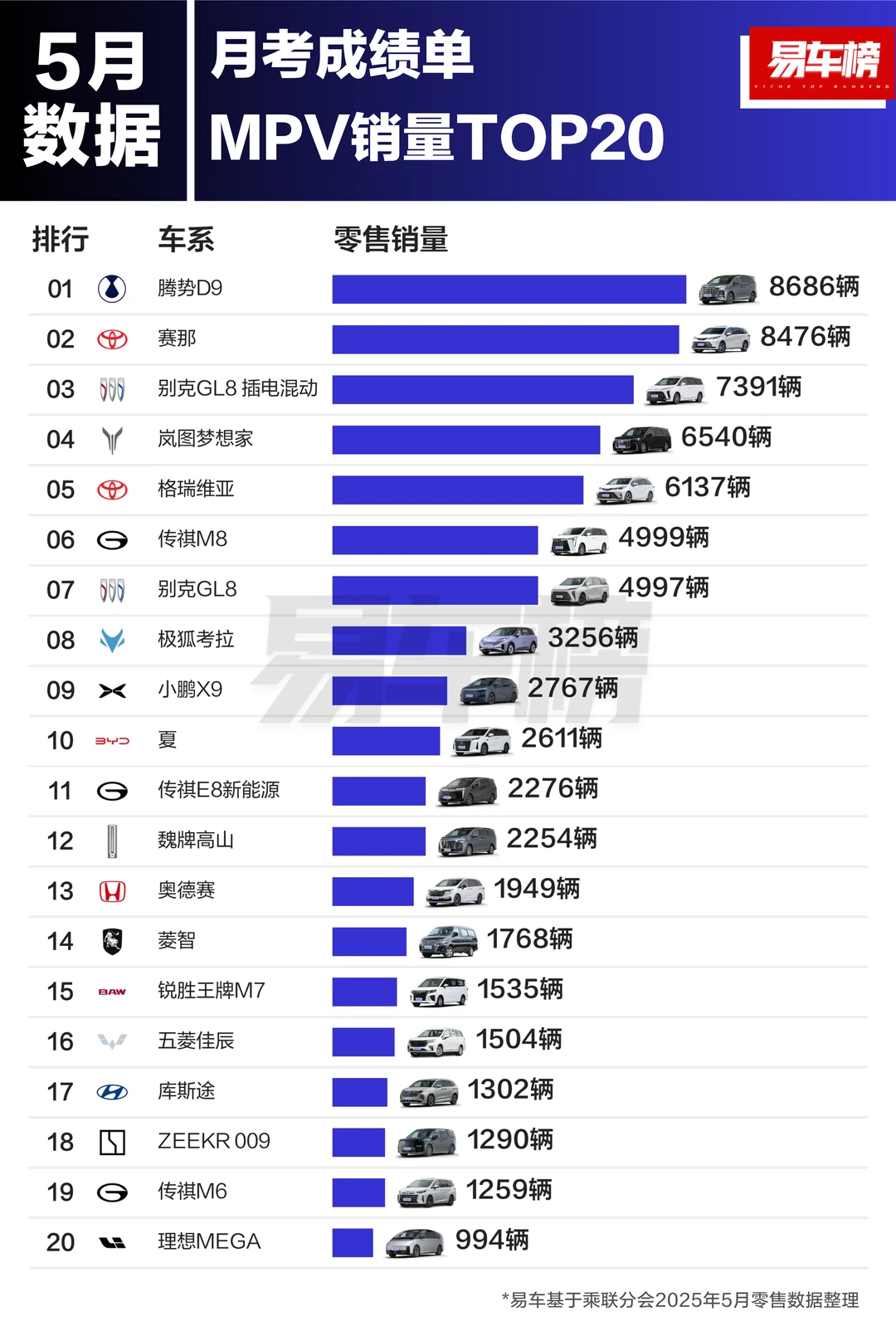2025年5月全车型及各级别车型销量TOP20