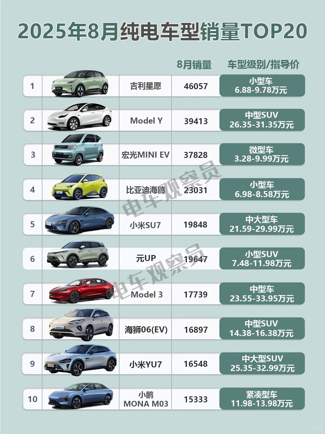 2025年8月纯电车型销量排行榜TOP20