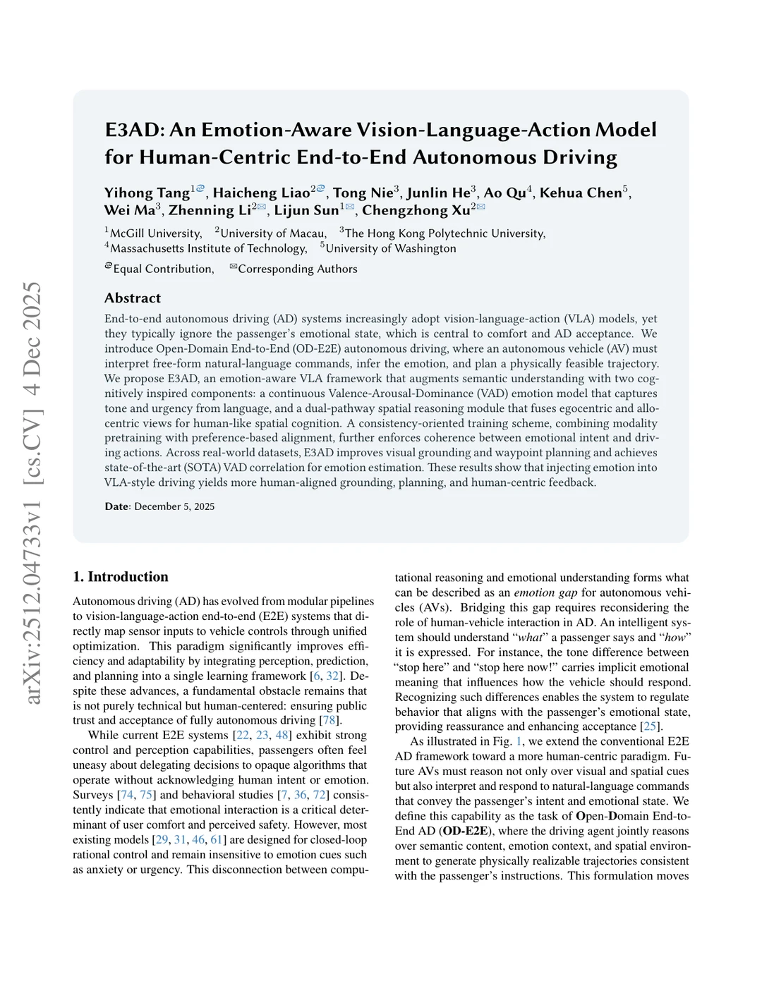 E3AD: 情感感知的端到端自动驾驶模型