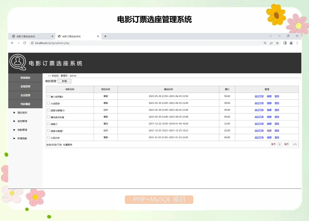 PHP电影订票选座管理系统