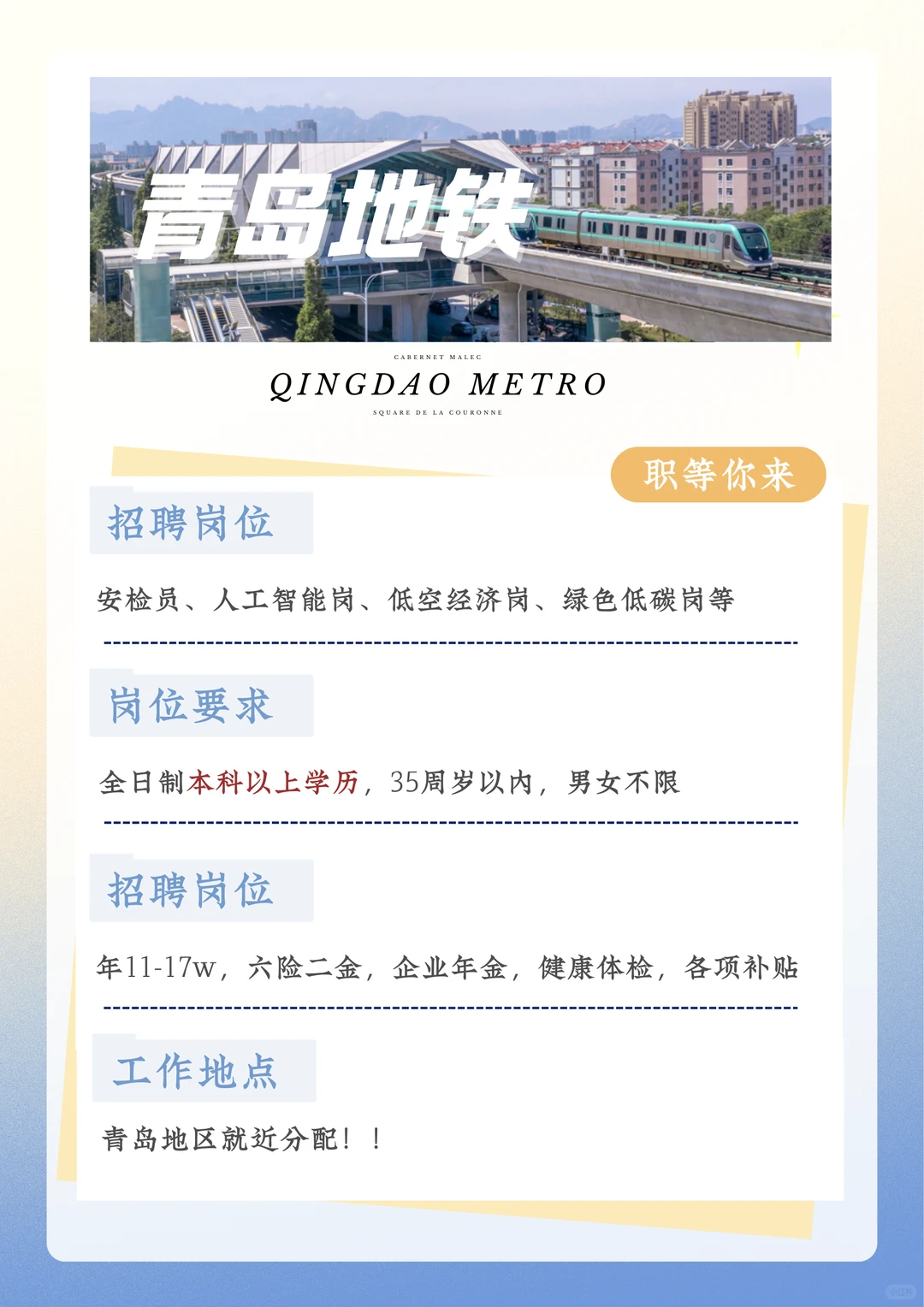 青岛地铁扩招！月6000+六险二金！