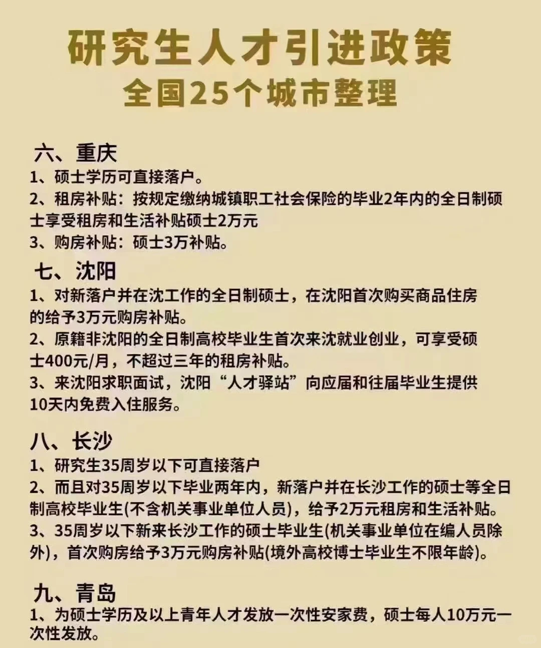 全国25个城市研究生人才引进政策
