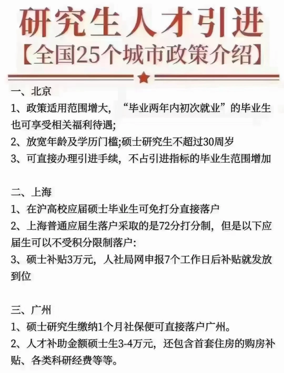全国25个城市人才引进政策