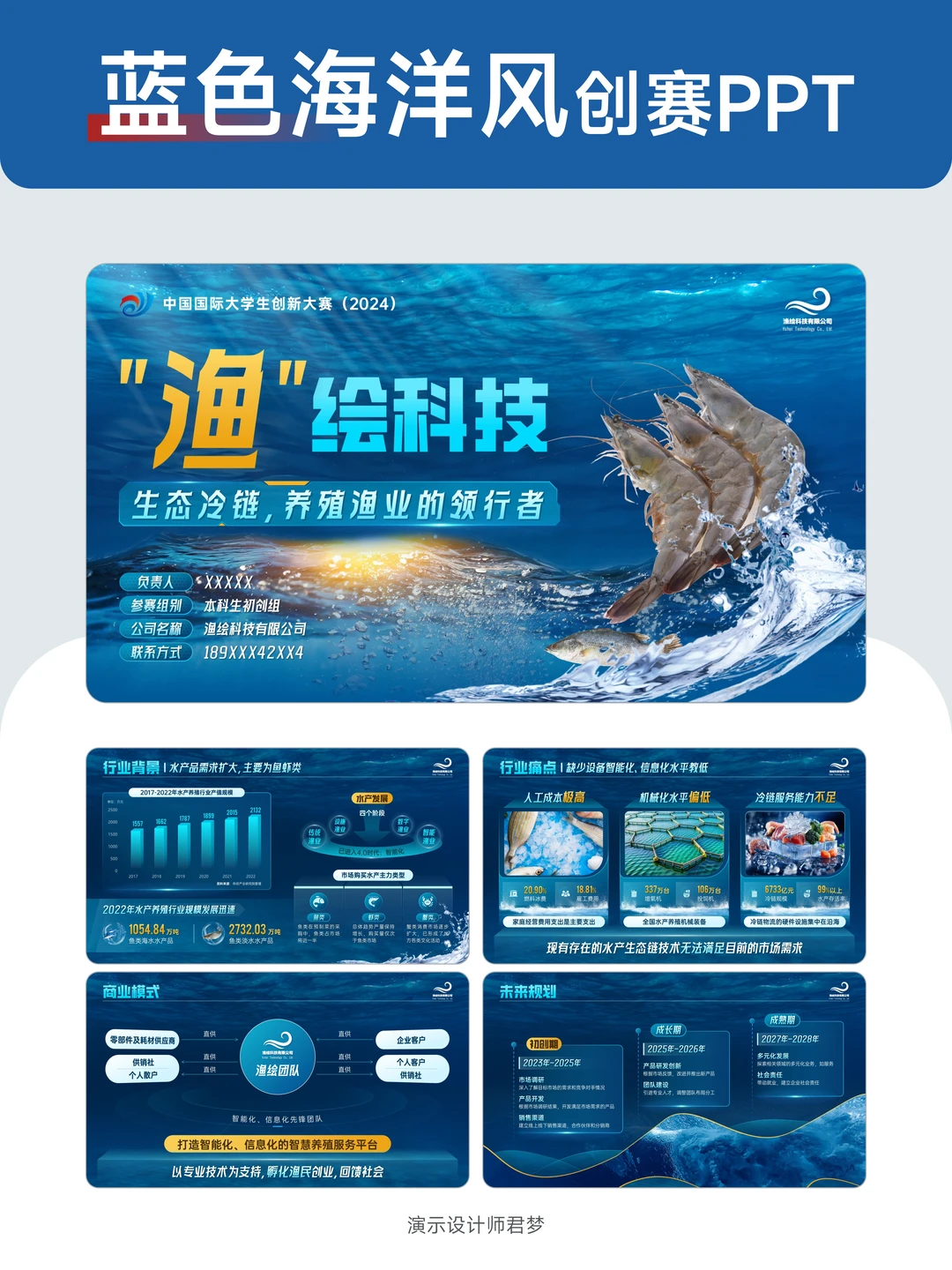 互联网/挑战杯创赛PPT模板，蓝色海洋渔业风