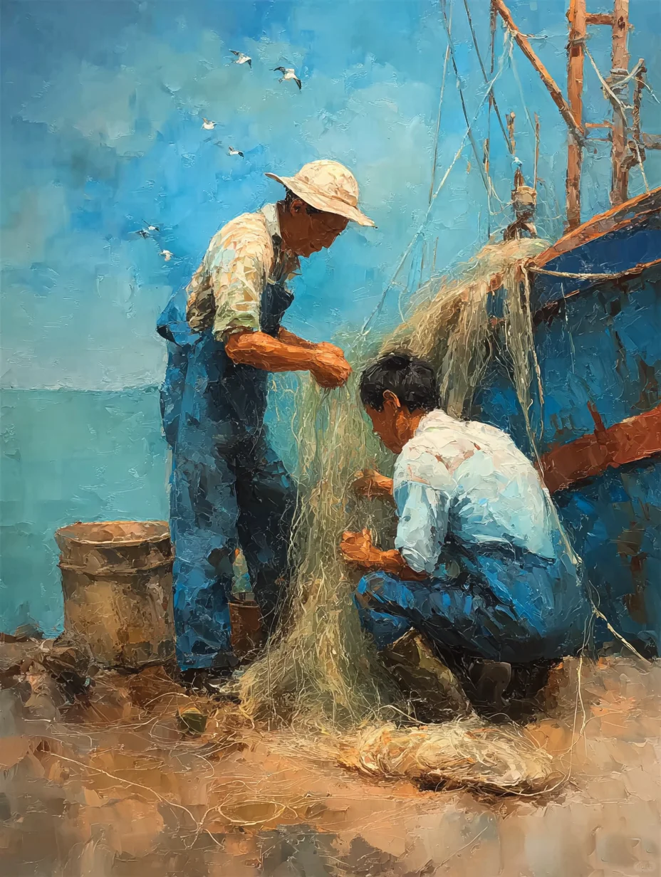 海之劳作：渔民补网的日常与坚守