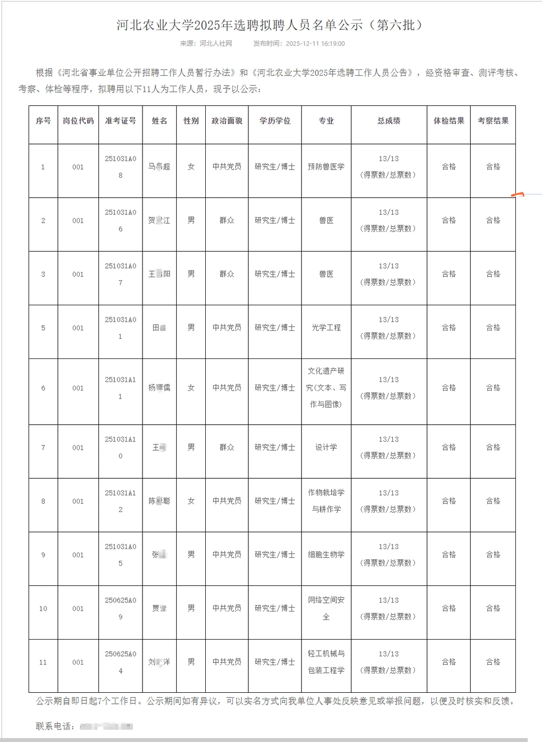 河北农业大学2025拟用人员名单（第六批）