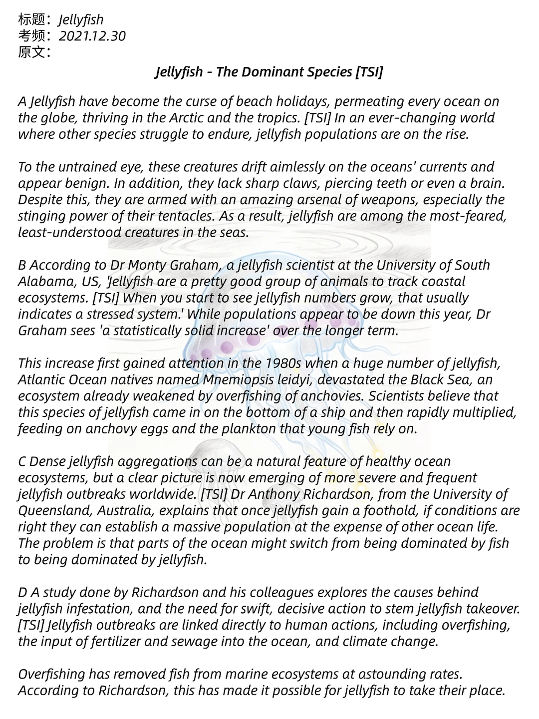 12.15雅思阅读机考p2原题:Jellyfish!有答案
