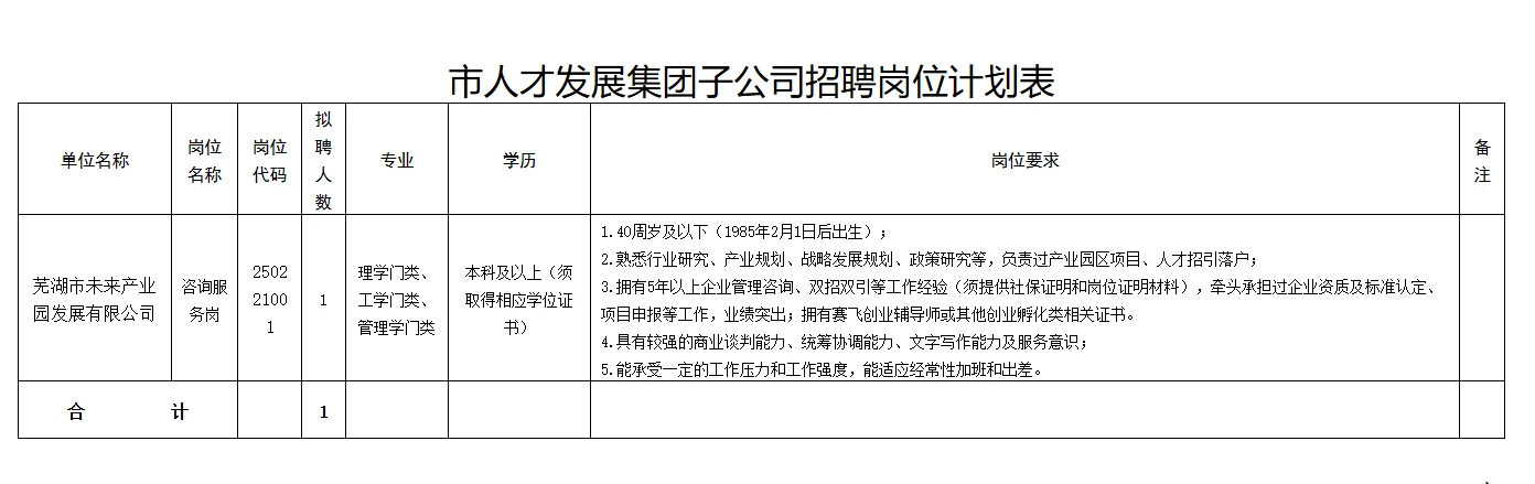 芜湖市人才发展集团有限公司子公司公开招聘